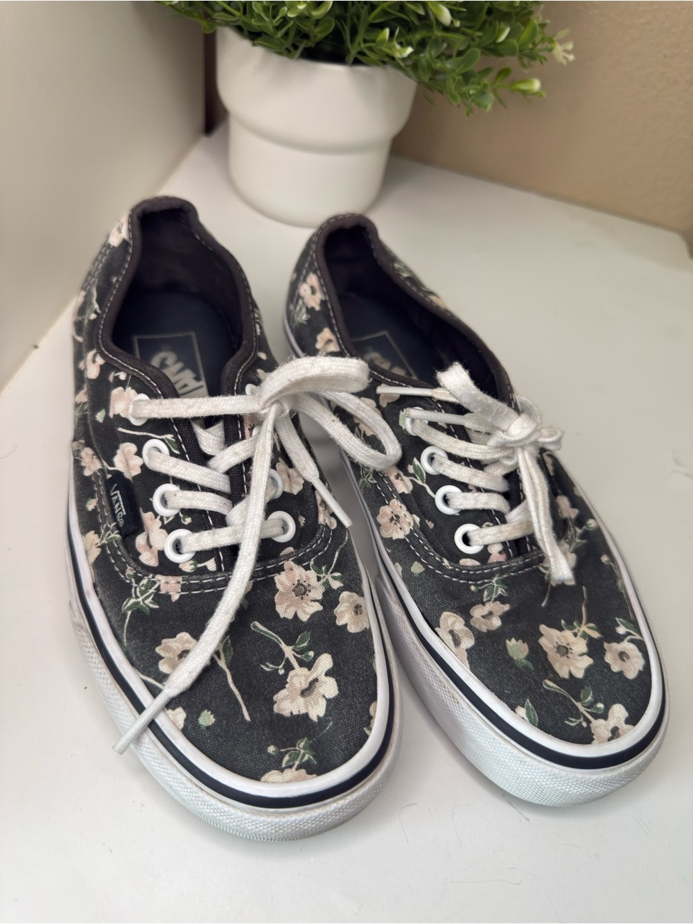 Vans Black Floral Canvas Low-Top Sneakers with White Laces